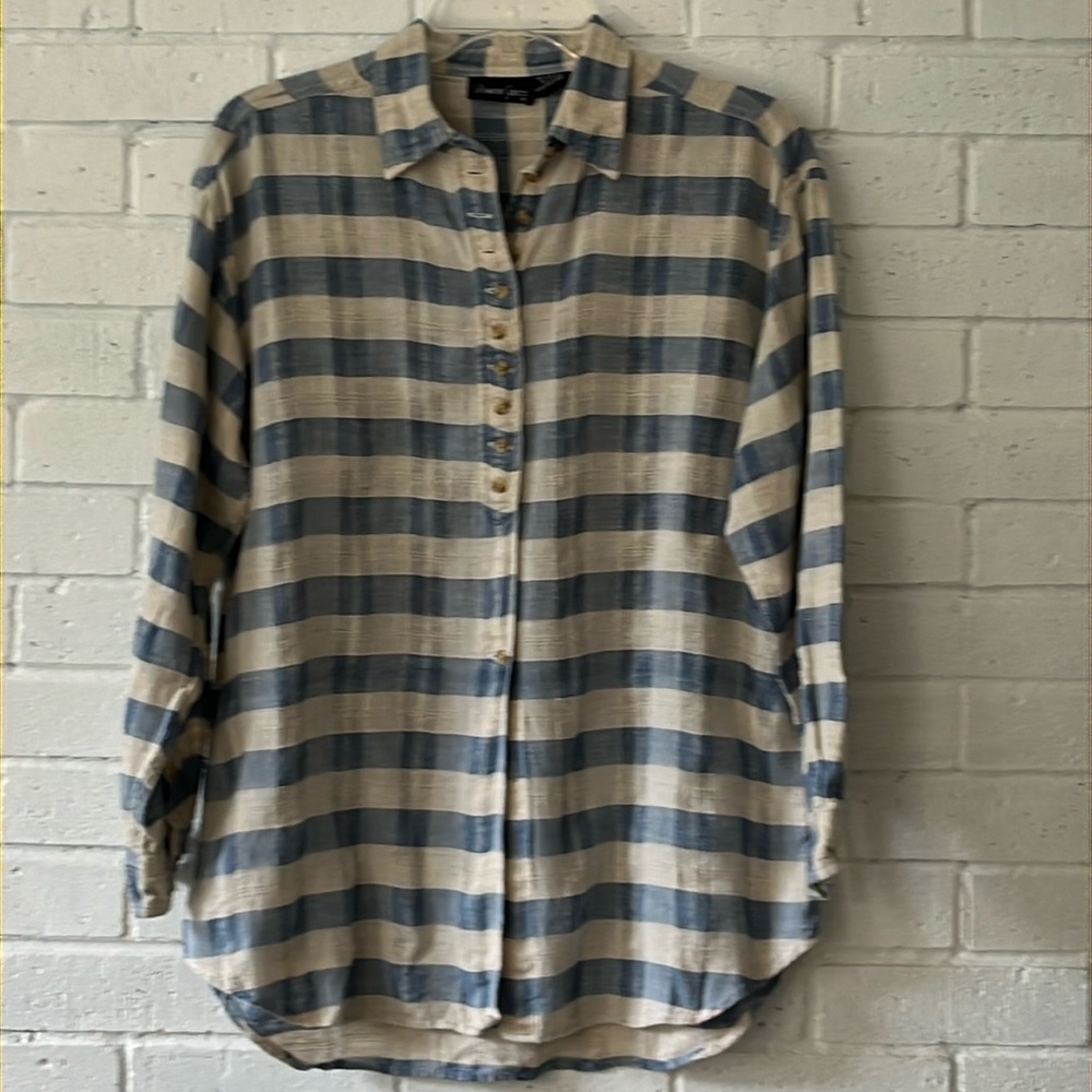 Lemon Grass Women’s Long Sleeve Blue Beige Checked Shirt Sz M Cotton Linen Blend
